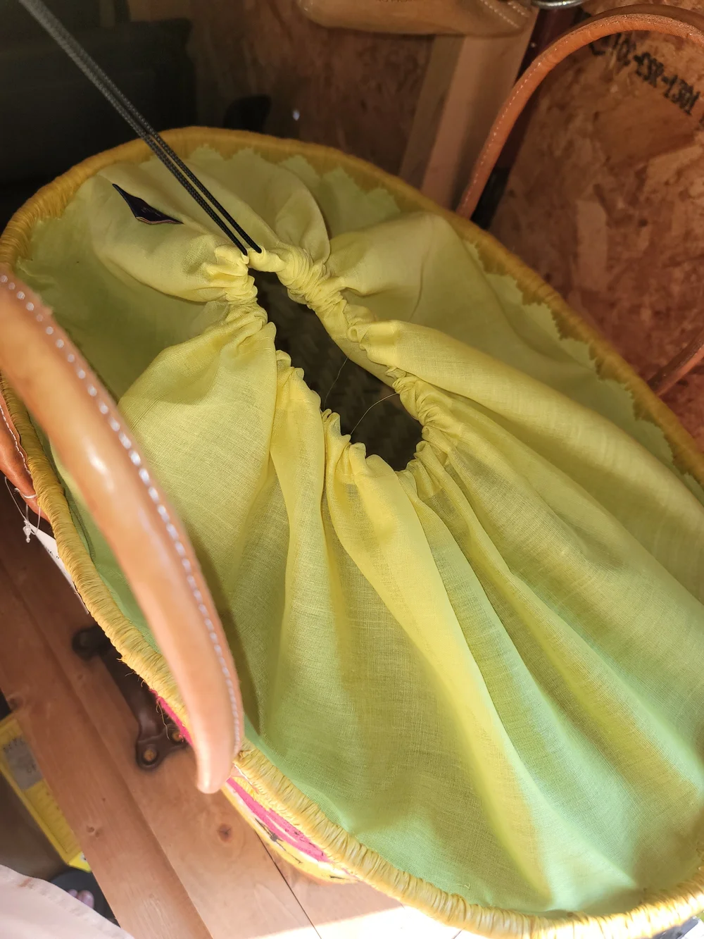 Bright Yellow Flamingo Embroidered Tote with Tan Handles